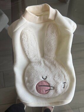 Cute Ivory Fleece Dog Sweatshirt with 3D Bunny Patch - Small